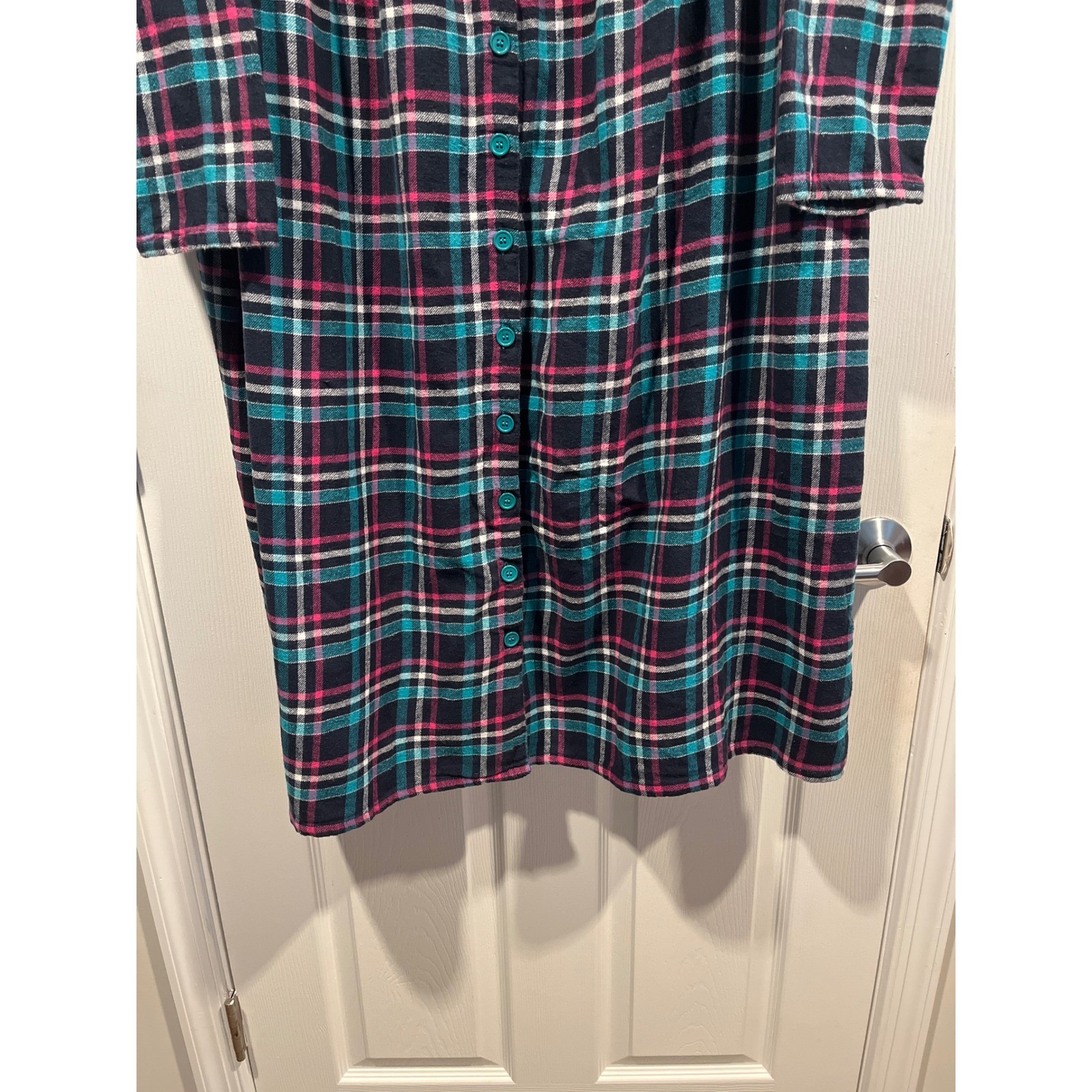 CW Classics Plaid Flannel Button Front Dress Womens 2X Teal Pink Cotton Midi