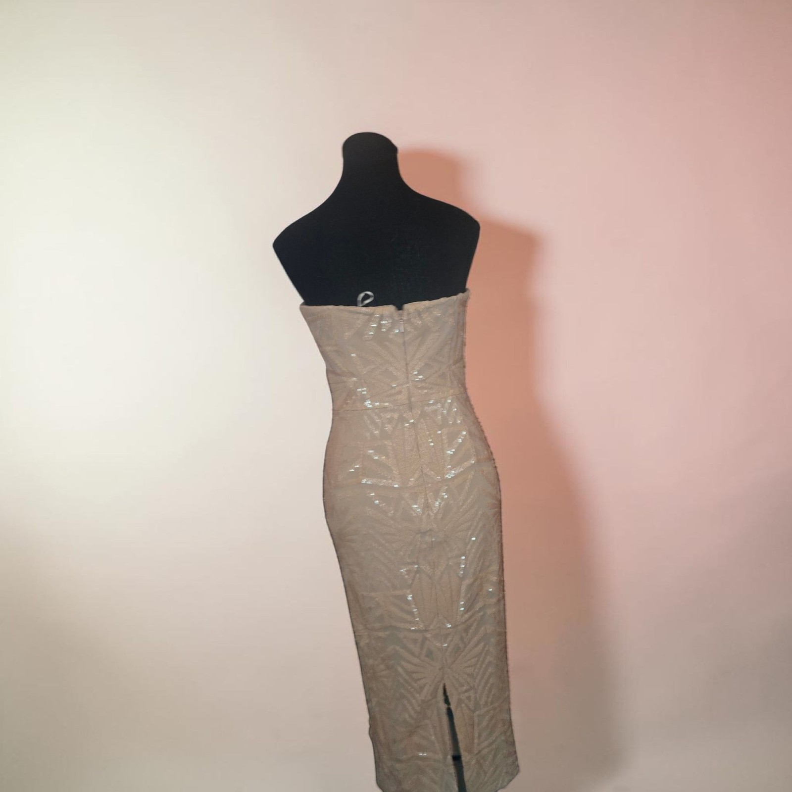 Dress the Population Strapless Sequin Geometric Pattern Midi Dress Peach
