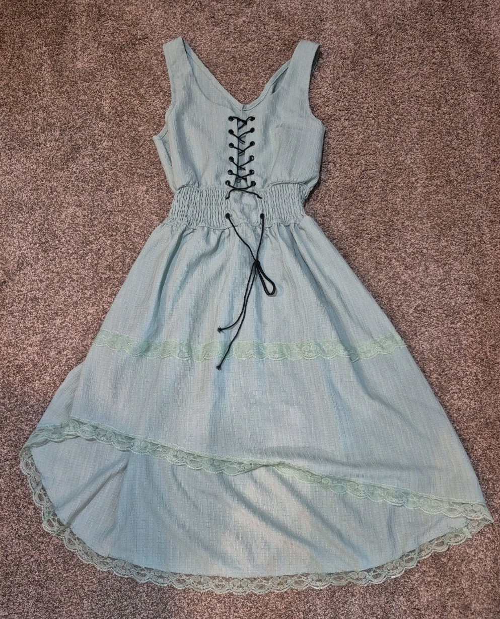 Women Medium Cottagecore Fairy Dress Mint Green Lace Up Midi Asymmetric NWOT