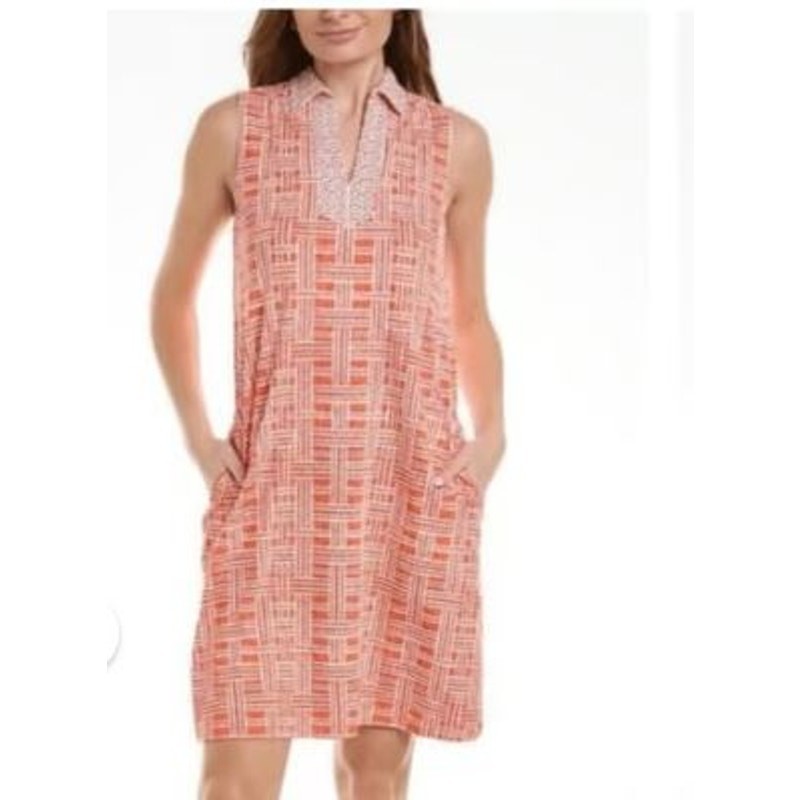 J McLaughlin Size Medium Catalina Shirt Mini Dress Orange Coral Geo Nylon Blend