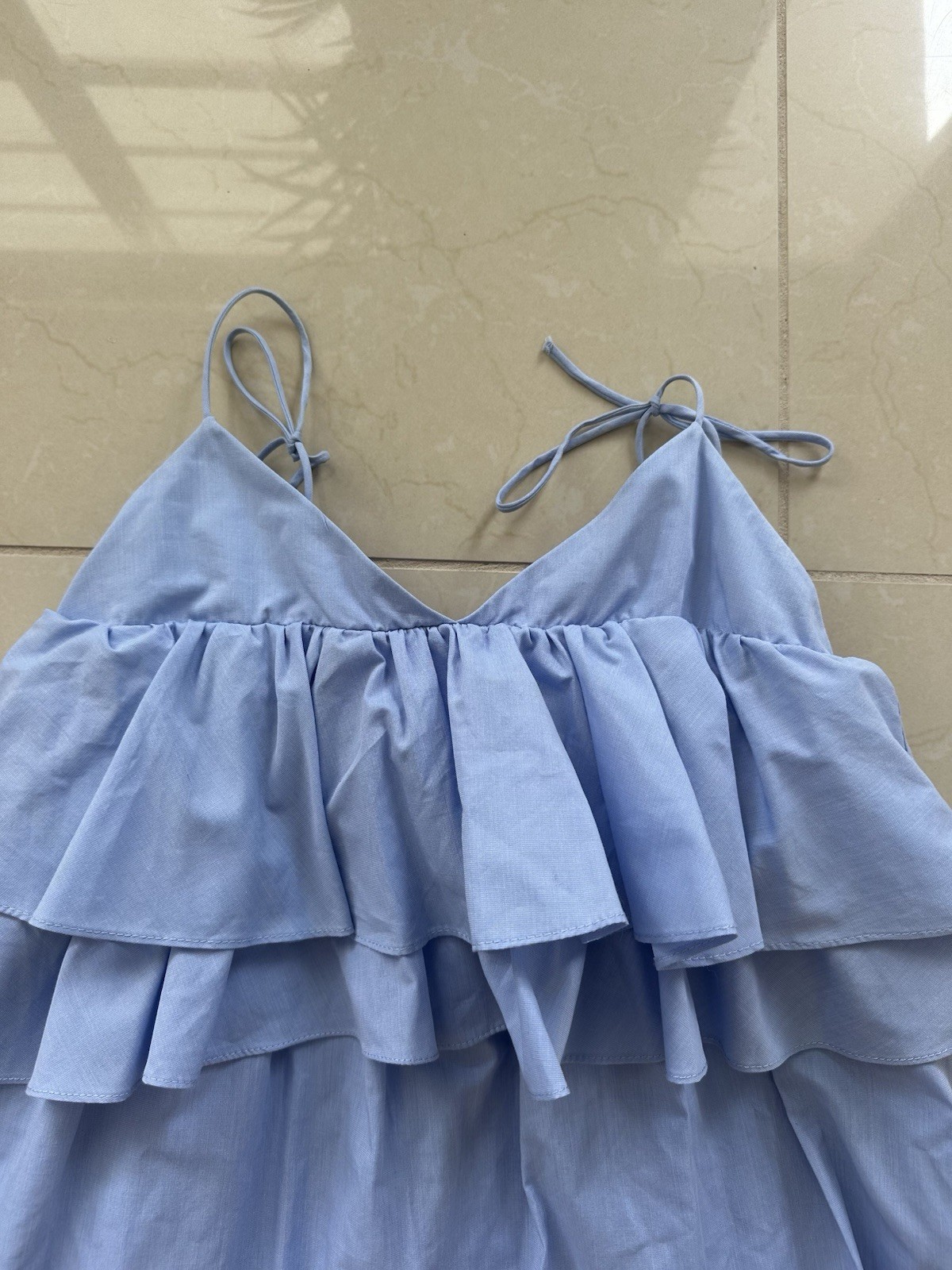 NWOT Zara Trafaluc Blue Tiered Ruffle Mini Dress Womens Tie Shoulder Pockets SzL
