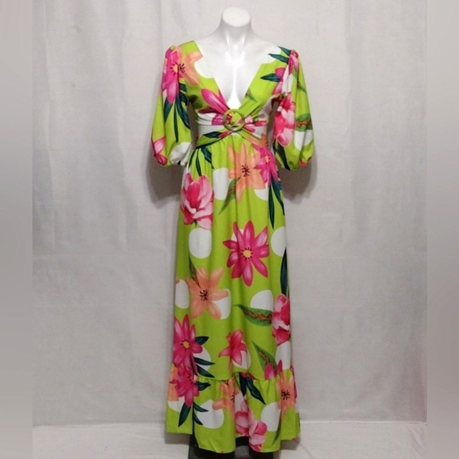 ChicMe Tropical Floral Maxi Dress Small Ring Front Cutout Open Back Double Slit