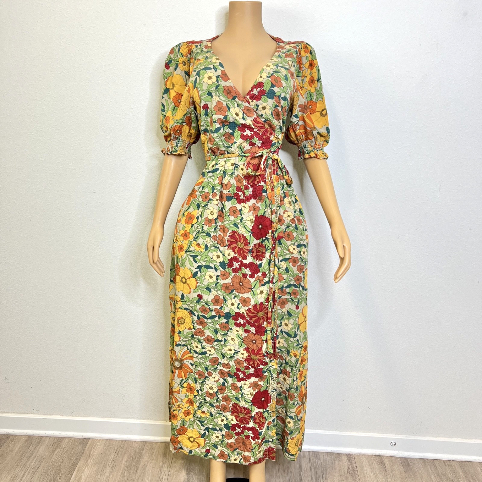 Natural Life Sophia Maxi Dress Floral Puff Sleeves Wrap Cottagecore Boho Size XL