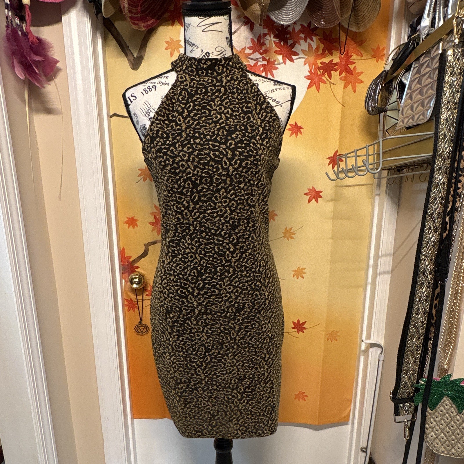 Women’s Black/Gold Leopard Animal Print Halter Sleeveless Bodycon Dress M