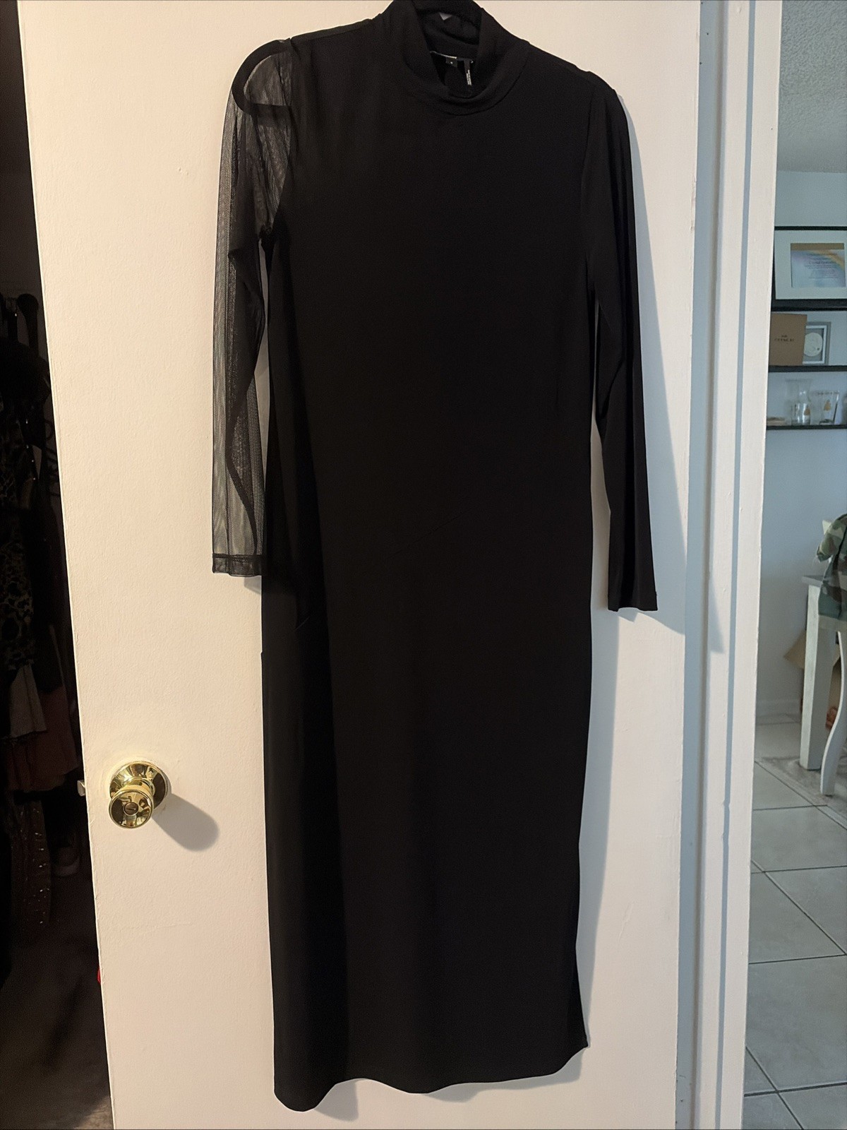 DKNY Mesh Sleeve Classic Dress Turtle Neck Black evening gown medium