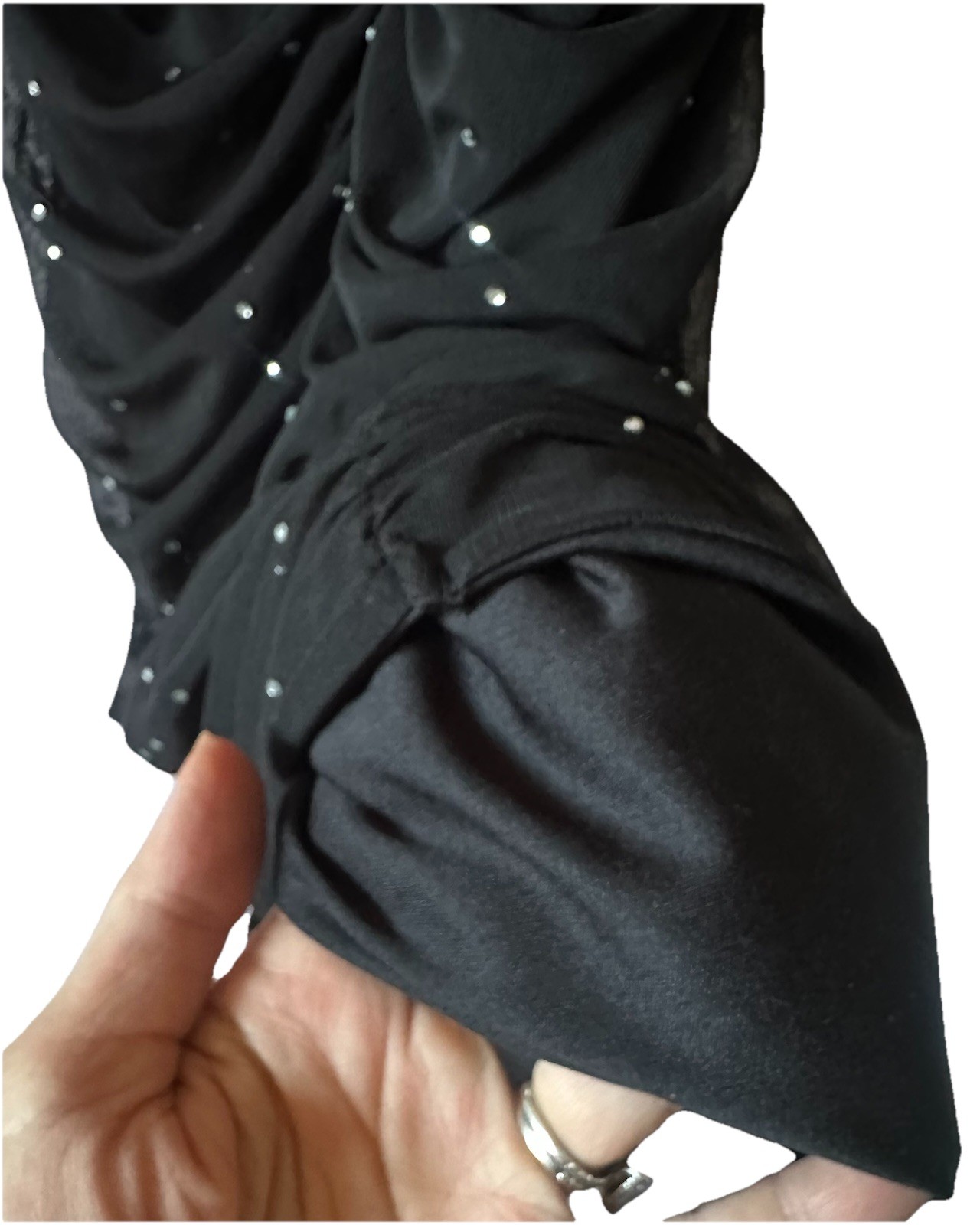 Refuge Black Rhinestone Ruched Mesh Mini Dress Women’s Y2K Bodycon Party Club M