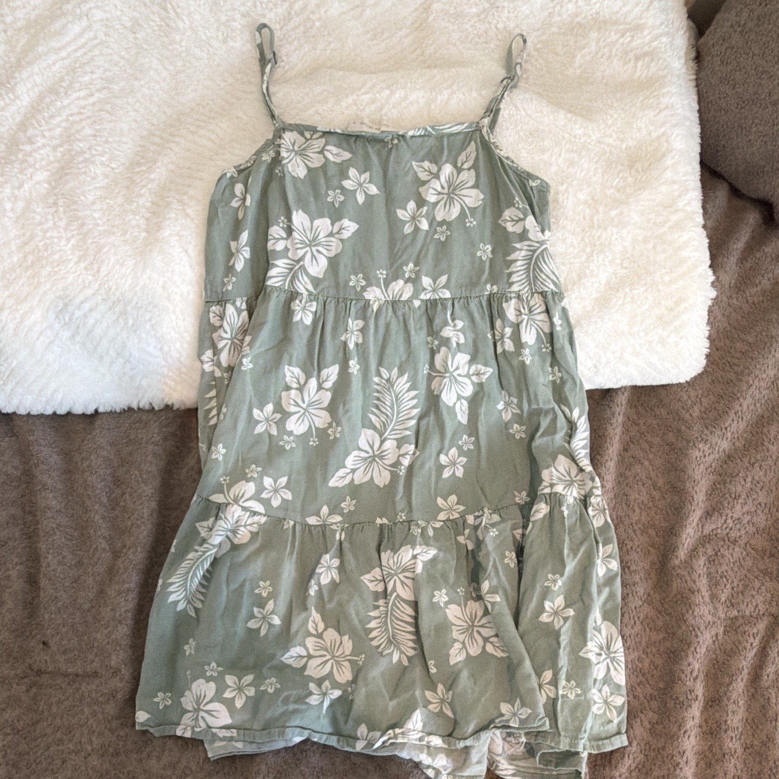 Green White Floral Tiered Sundress Square Neck Adjustable Straps Women’s XS