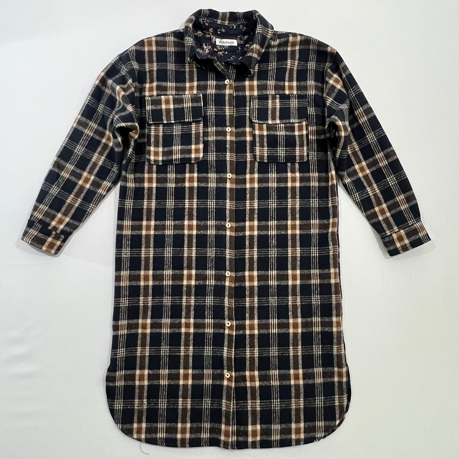 Paparazzi Alberto Makali Embroidered Plaid Shacket Shirt Dress Navy Small NWT