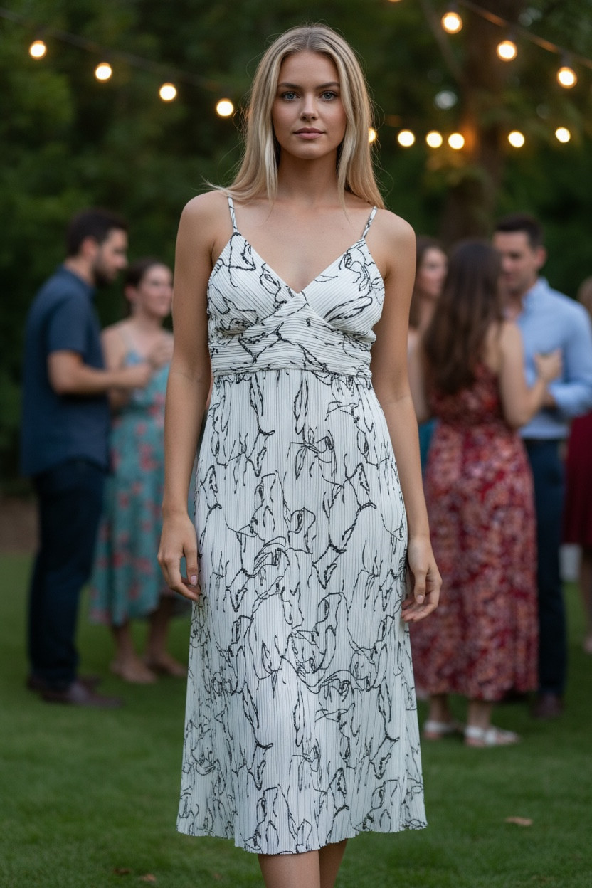 Banana Republic Print Plissé Midi Dress white black spaghetti straps sun Sz 10