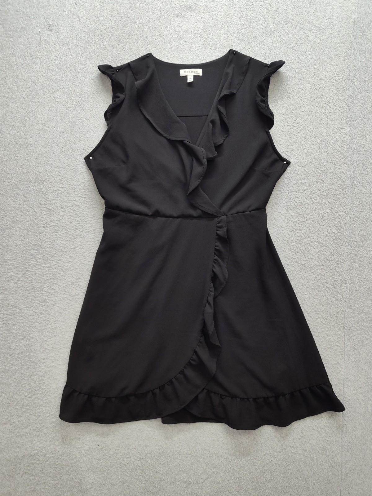 Monteau Women Faux Wrap Dresses XL Black Sleeveless Ruffle Trim Semi Formal Fit