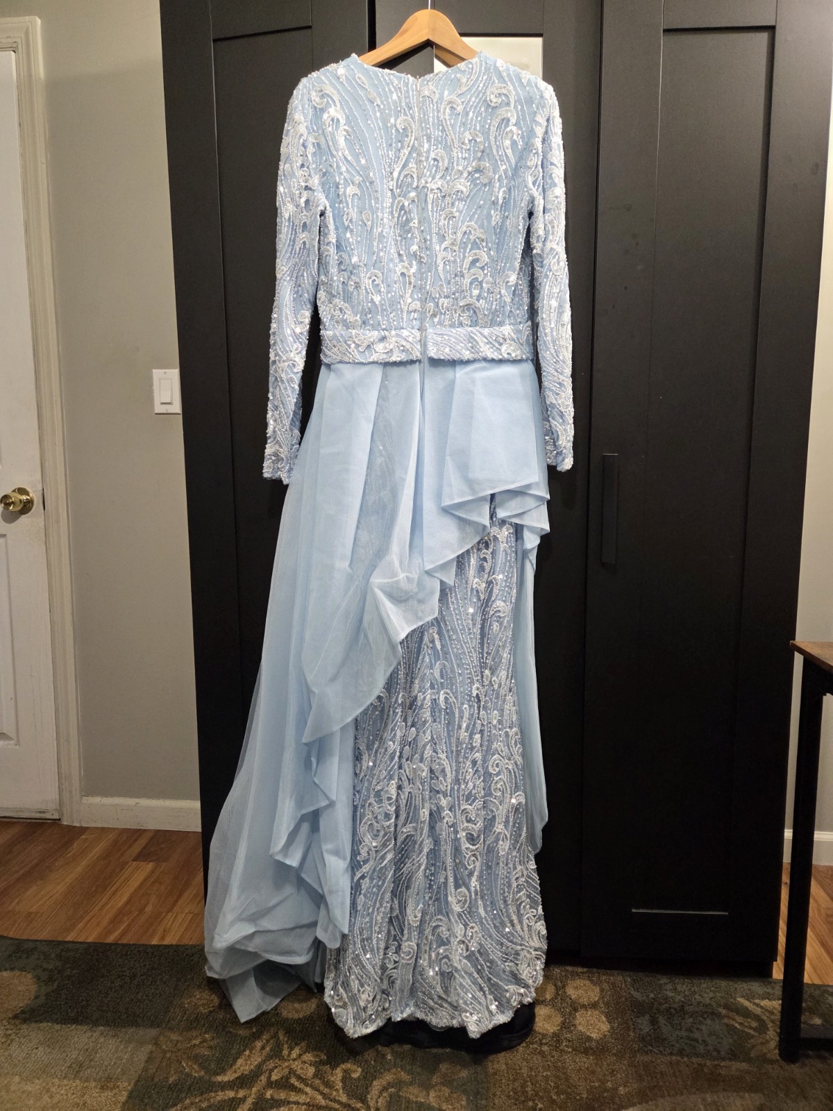 Custommade Blue Sequin Beaded Gown Long Sleeve V-Neck Mesh Lined Zip Size 12