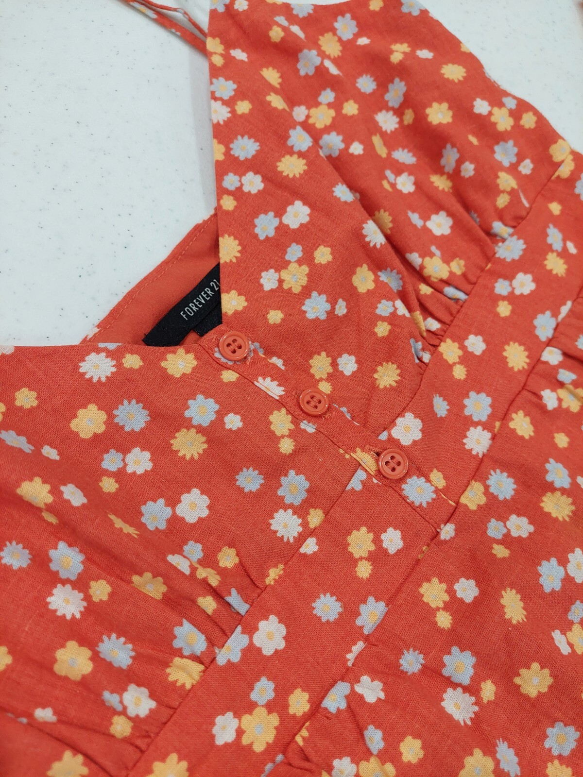 NEW Forever 21 Orange Sun Floral Spaghetti Strap Dress Size L Button Linen NWOT