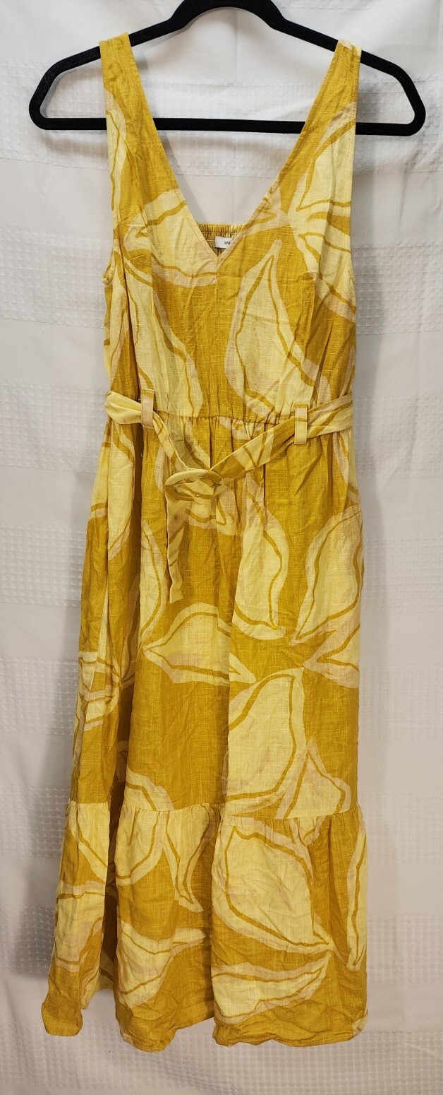 Nine West Sun Dress Med Womens Yellow Sleeveless V Neck Floral Midi Smocked