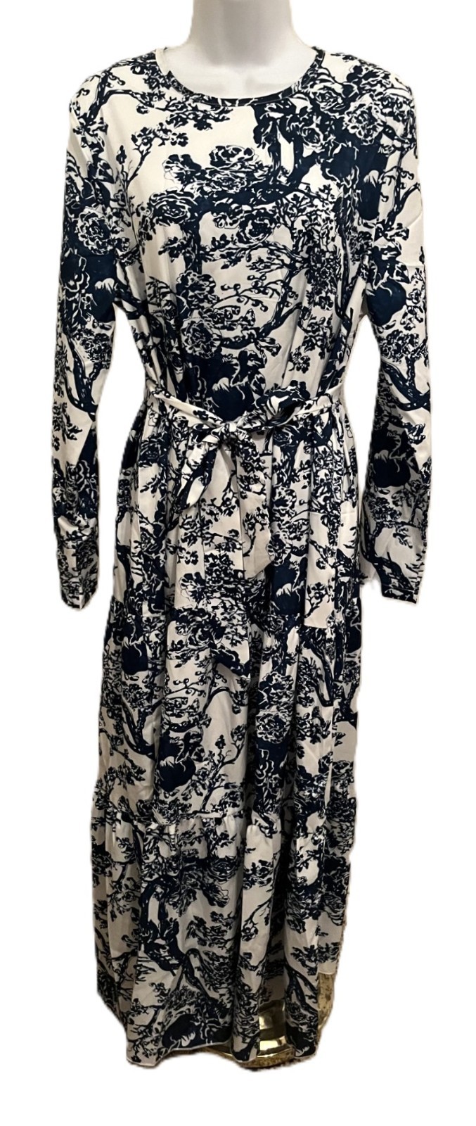 Women NEW Long dress maxi with blue floral digital design print Cotton belted L