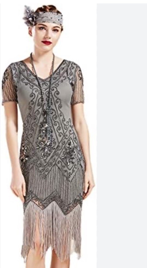NWT Babeyond Flapper Dress Womens L Gray Beaded Sequin 1920s Great Gatsby Fringe