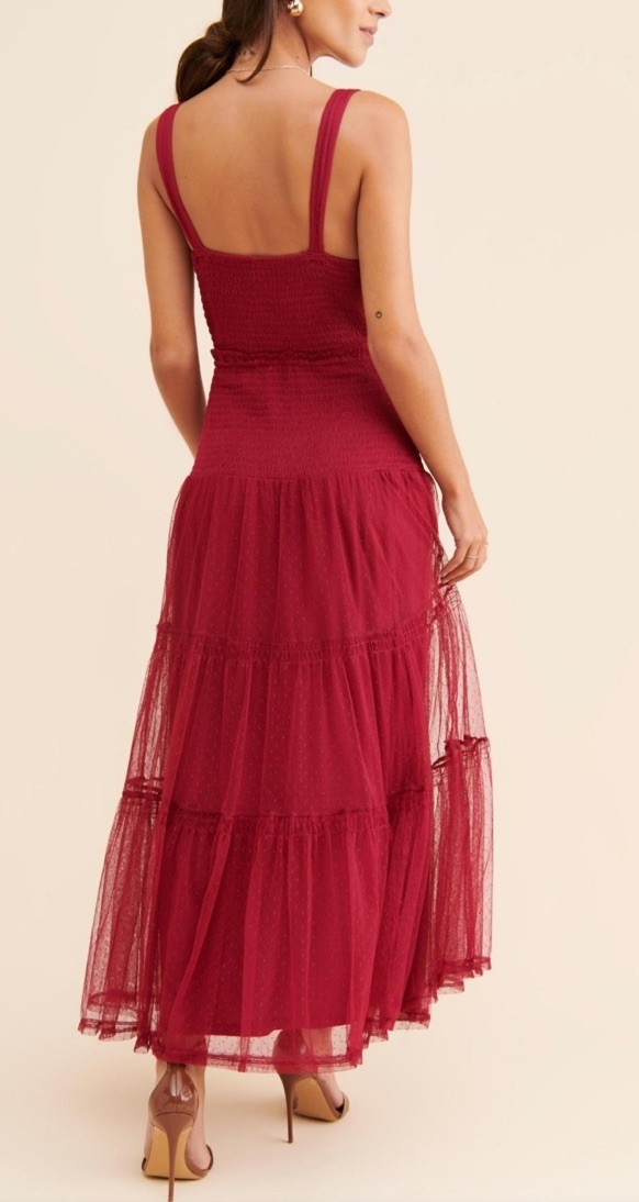 Anthropologie Raspberry Solid Tulle Maxi Dress, Smocked Ruffle V-Neck, S