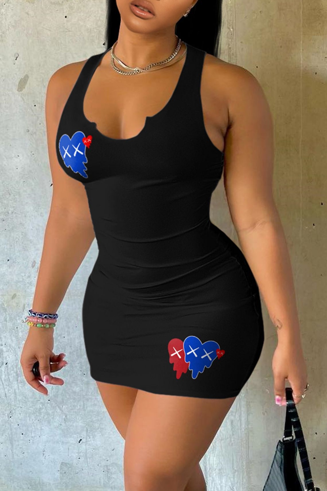 Women’s Dress Summer Wrap Hips Embroidered Printed V-Neck Vest Tights Dress –