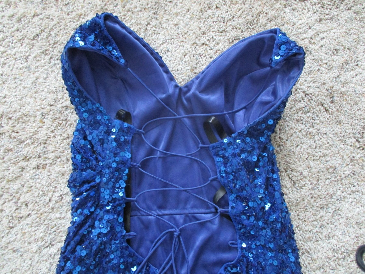 EYE CATCHING! “PRIMAVERA” BLUE SEQUIN DRESS SZ 10~TIE BACK~Prom Party Dance-LN!