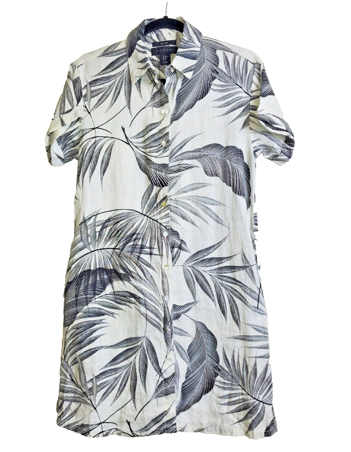 Tahari 100% Linen Xs Shirt Dress Pockets Button Down Bohemian Beach Palm Print