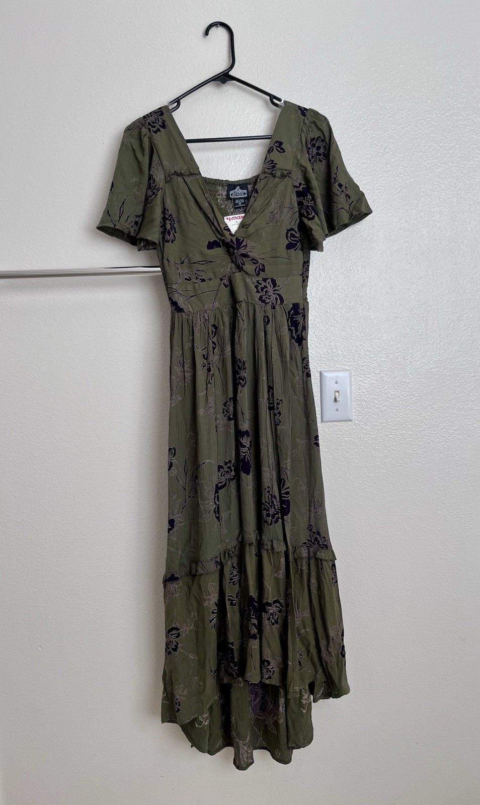 Angie Olive Green Paisley High-Low Maxi Dress with Front Slit In Size M