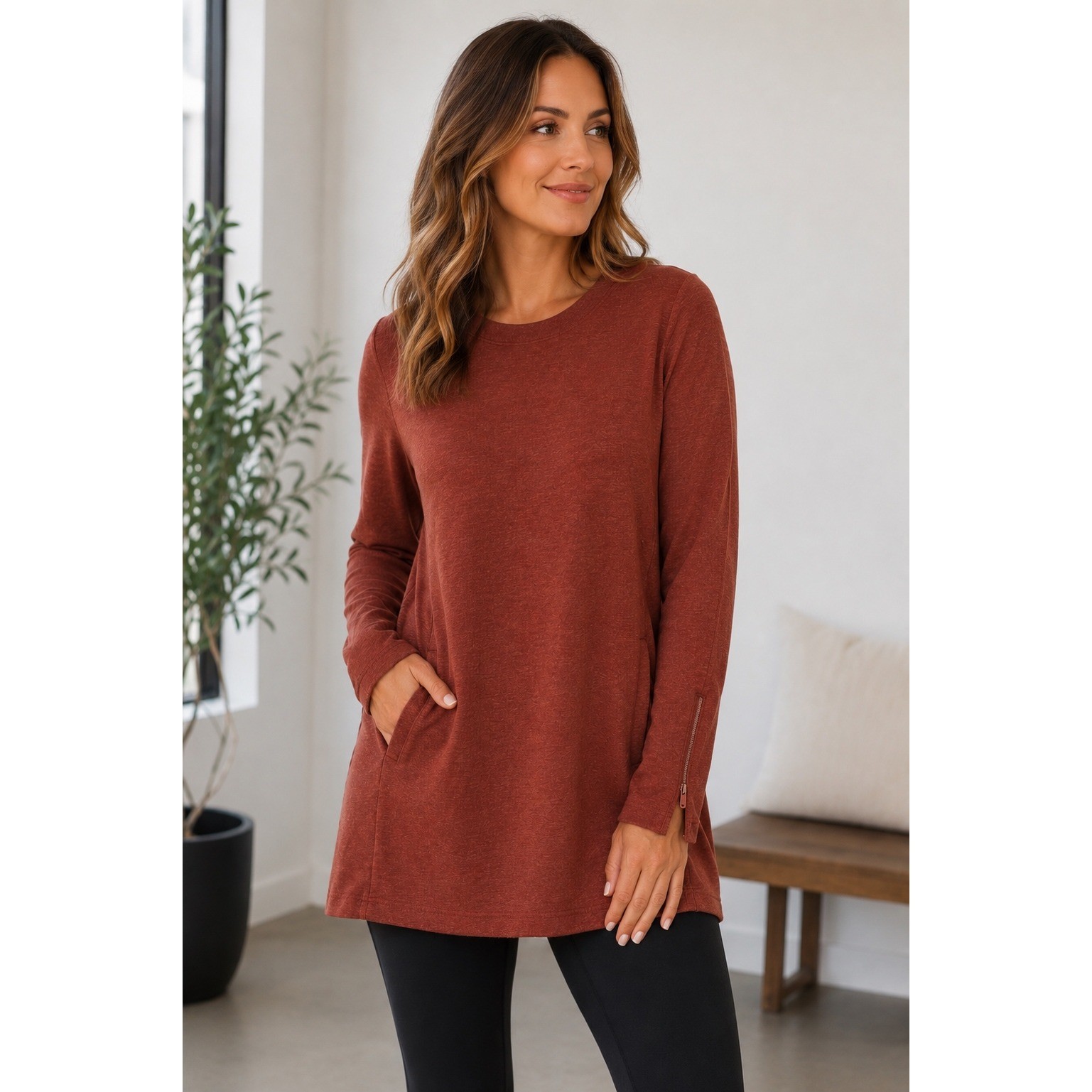 Athleta Large Rust Heathered Modal Tunic Sweatshirt Side Zip Long Sleeve Pockets