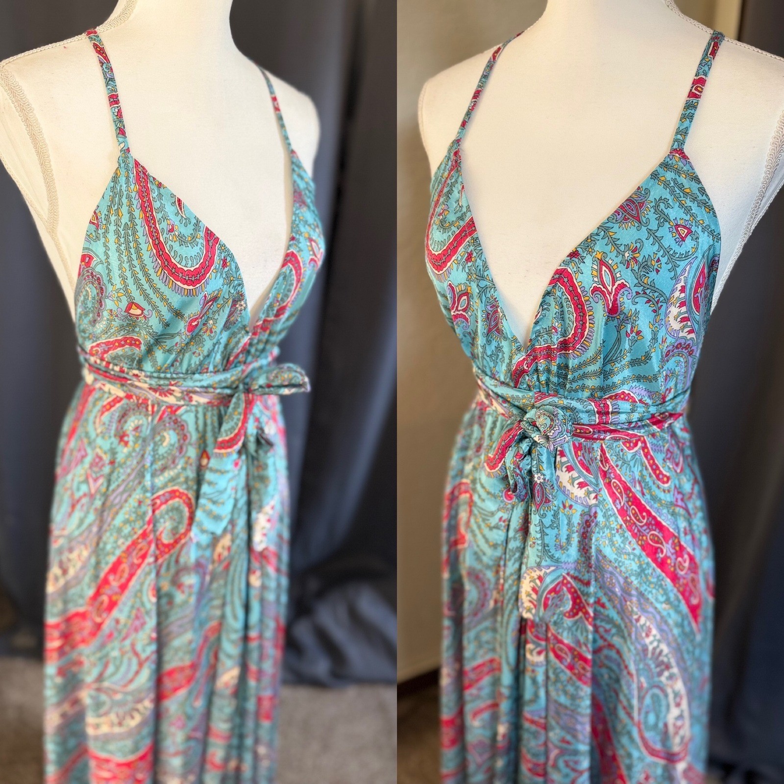 Advance Maxi Dress Womens One Size Teal Pink Paisley Silk Blend V-Neck Open Back