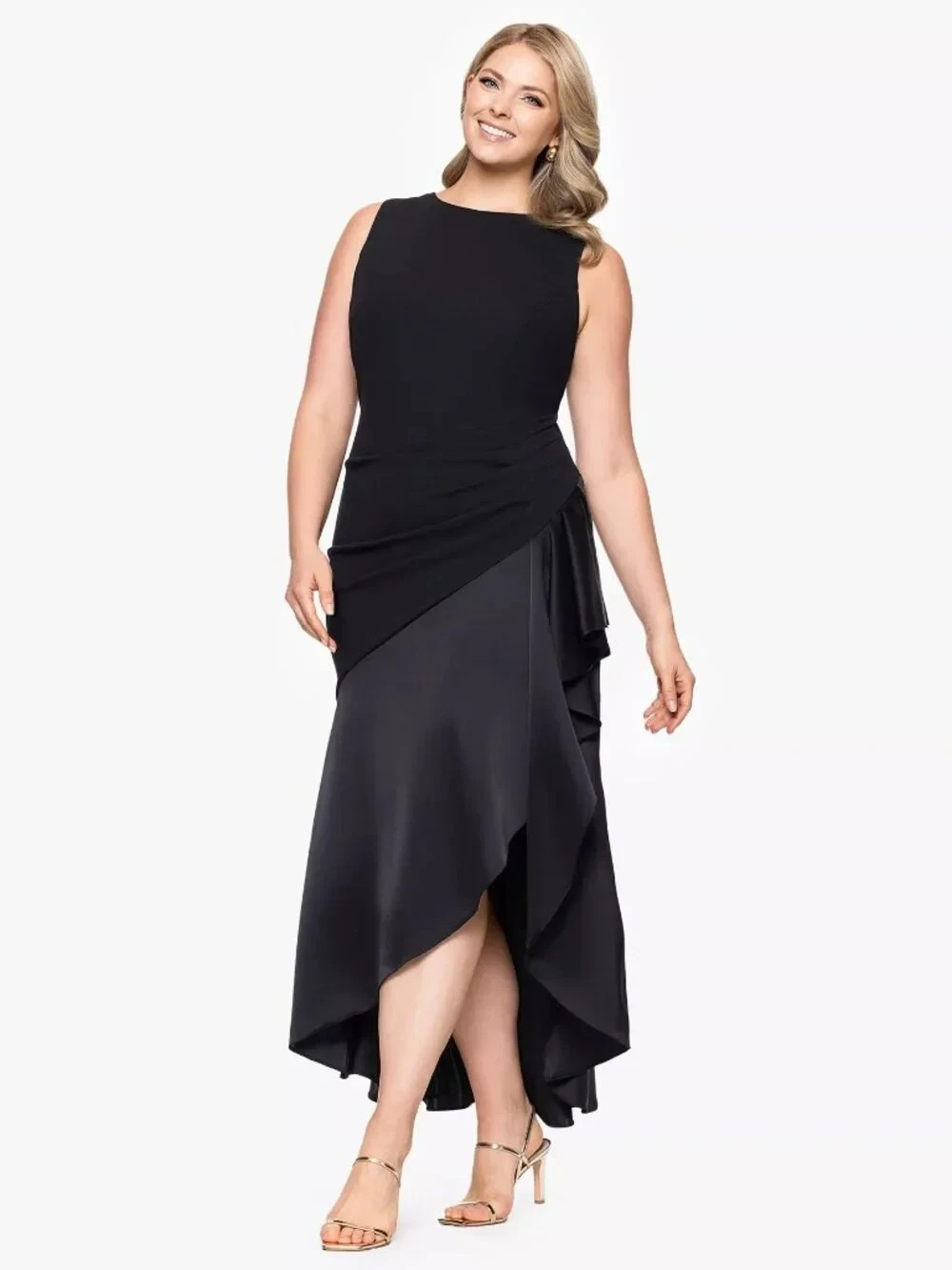 Betsy & Adam Black Ruffle Strapless Mixed Media Ruffle Midi Dress Size 22W $289
