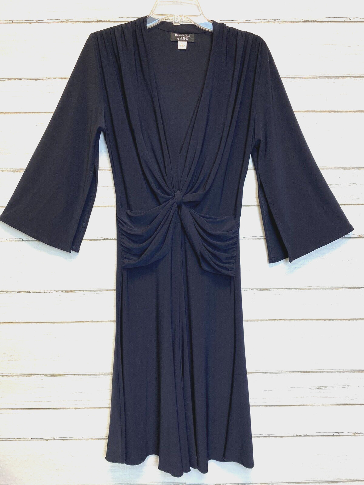 Blue Dress Rouched Waist Navy Blue Slit Flutter Sleeves Medium by Essentials ABS