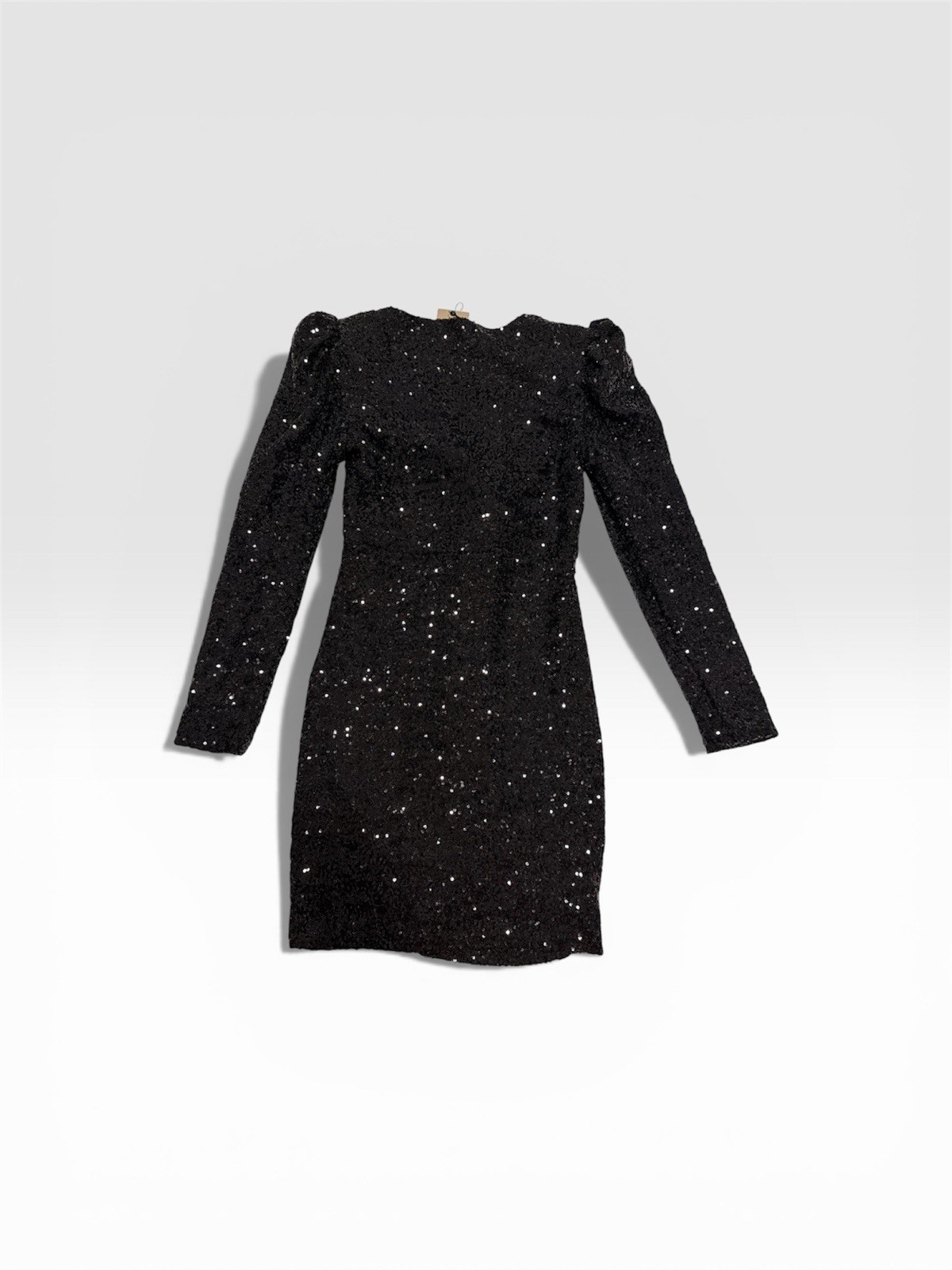 Sfera Black Sequin V-Neck Long Sleeve Bodycon Dress, Short, Size M