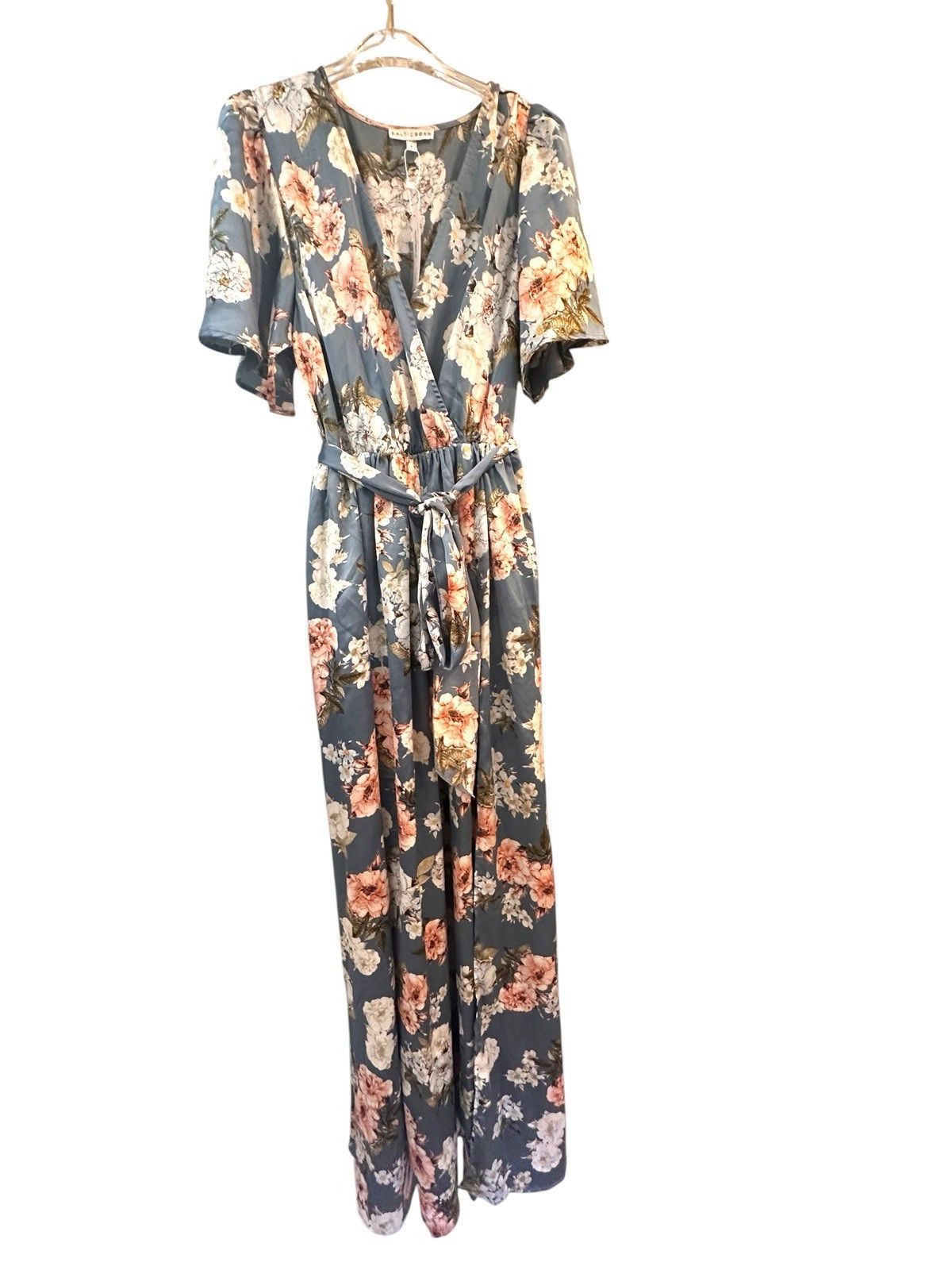 Baltic Born Sicily Blue Floral Satin Maxi Dress Sz L Wrap Style High Slit NWT