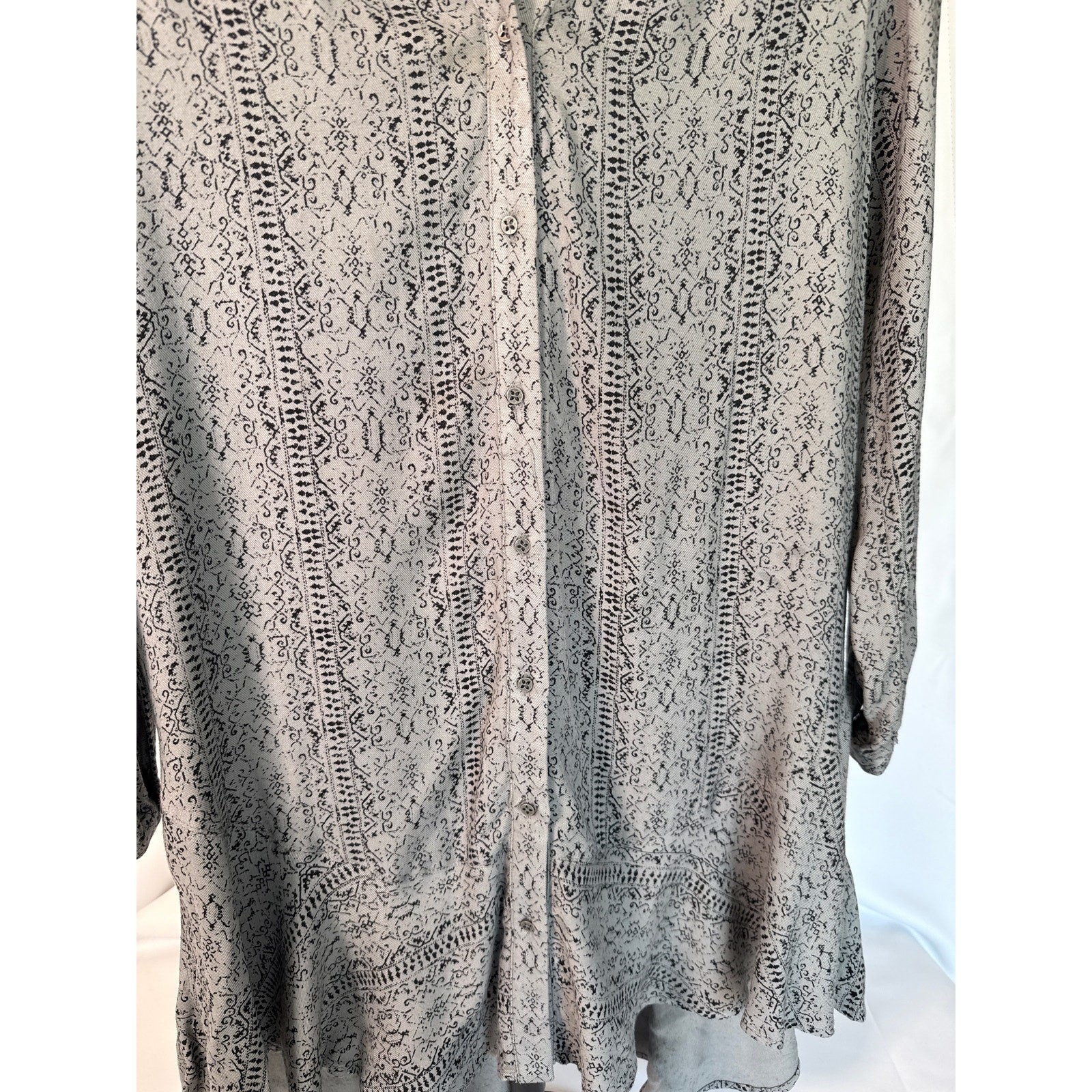 Boho Tunic Hi-Low Ruffle Hem Mini Dress Black & Grey Geometric Small
