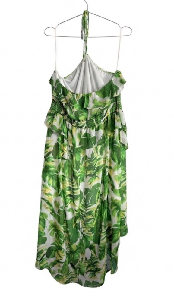 BCX Tropical Leaf Print Halter Maxi Dress High Low Ruffle Hem Size XL NWT