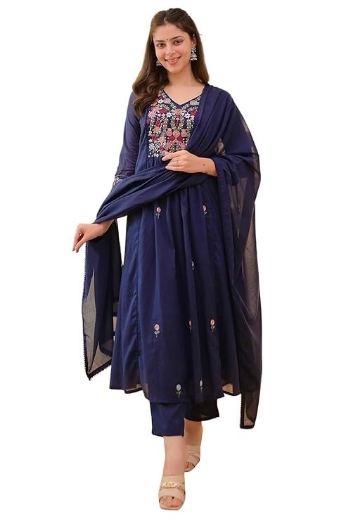 Women Embroidery Solid Anarkali Kurta and Pant Set with Dupatta