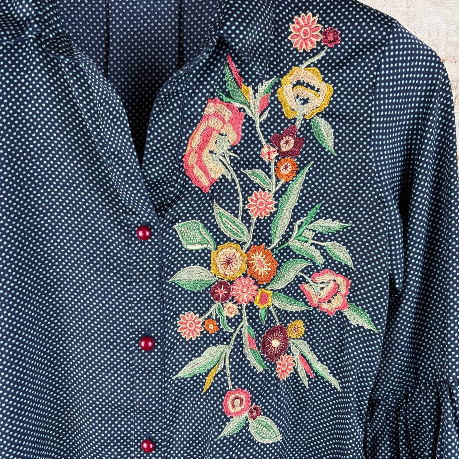 Artisan Embroidered Polka Dot Faux Shirt Dress Small Folk Art Cottagecore
