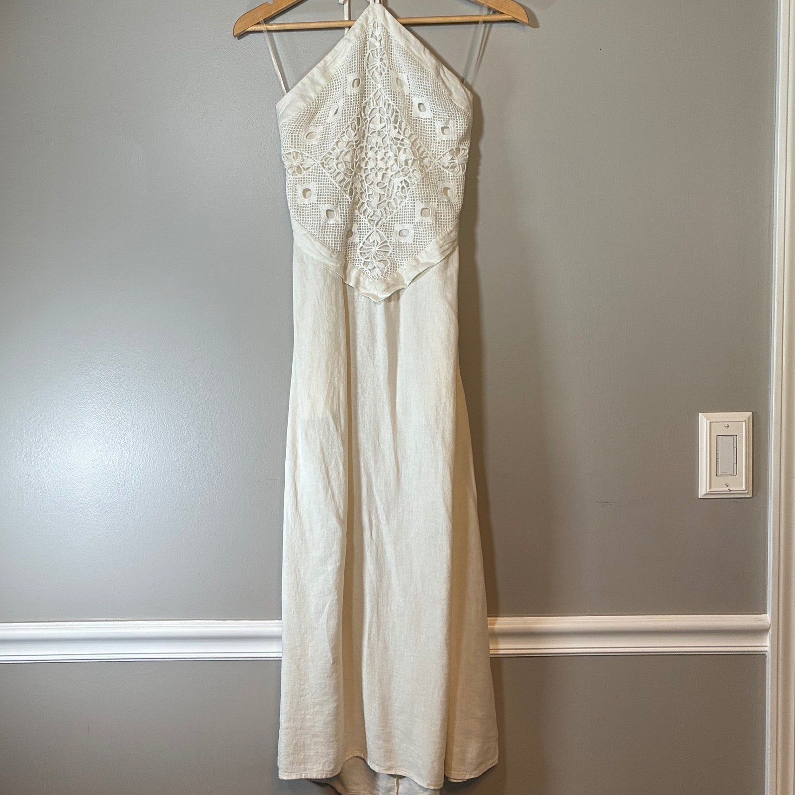 A New Day Ivory Linen Blend Crochet Lace Halter Maxi Dress Small Open Back Ivory