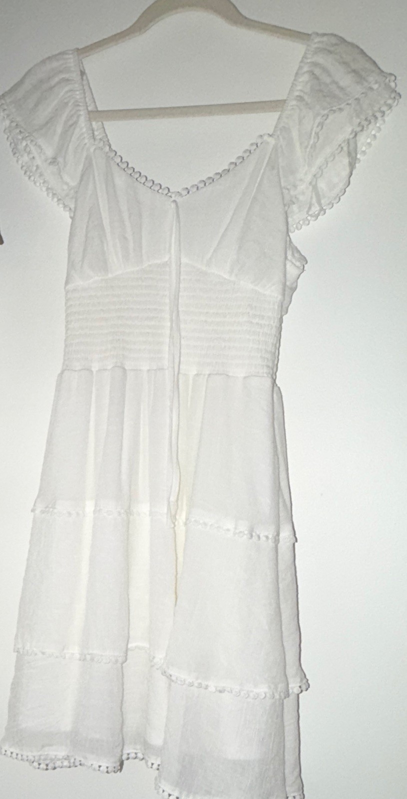 White Solid Square Neck Cap Sleeve Ruffle Lace Tiered Sundress Boho L