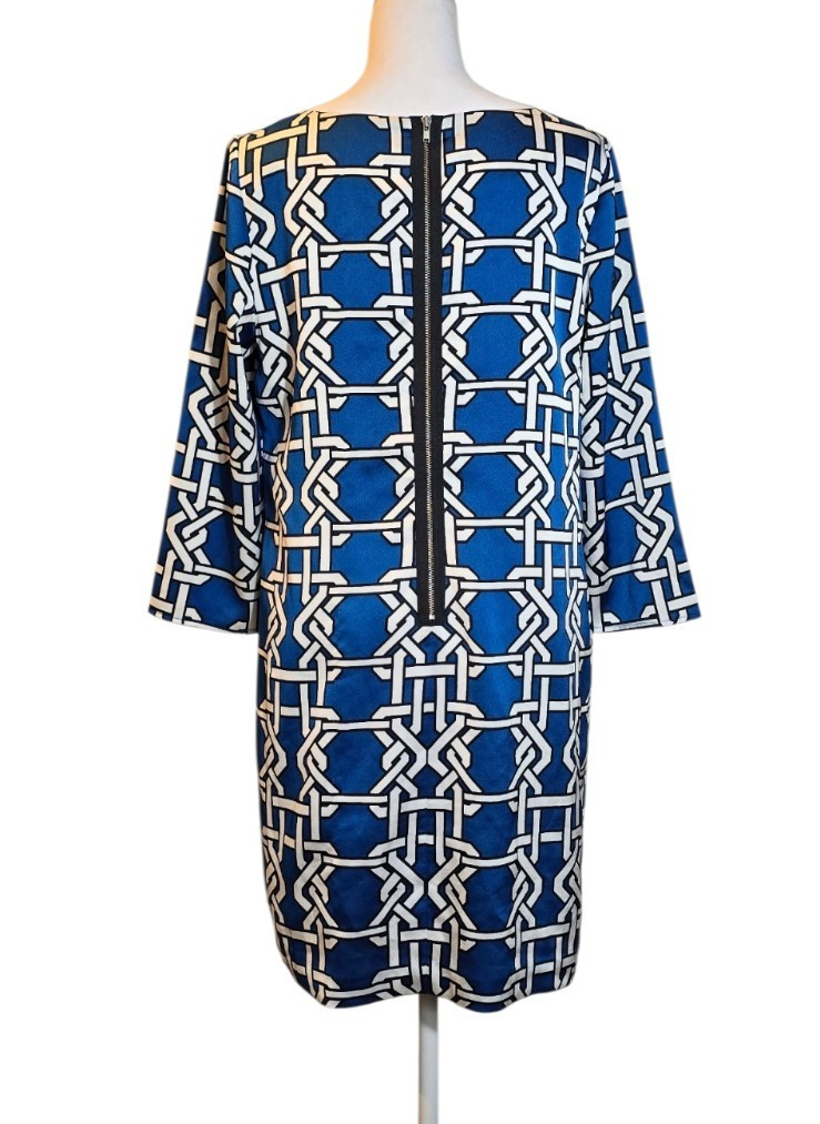 The Limited Geometric Shift Dress Boat Neck 3/4 Sleeve Blue White Black Zip S