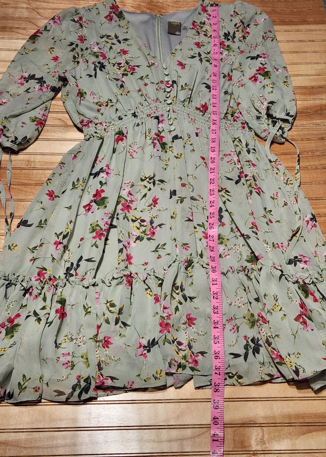 Taylor Sage Green Floral Smocked Tiered Dress sz16 Boho Romantic Sheer Garden