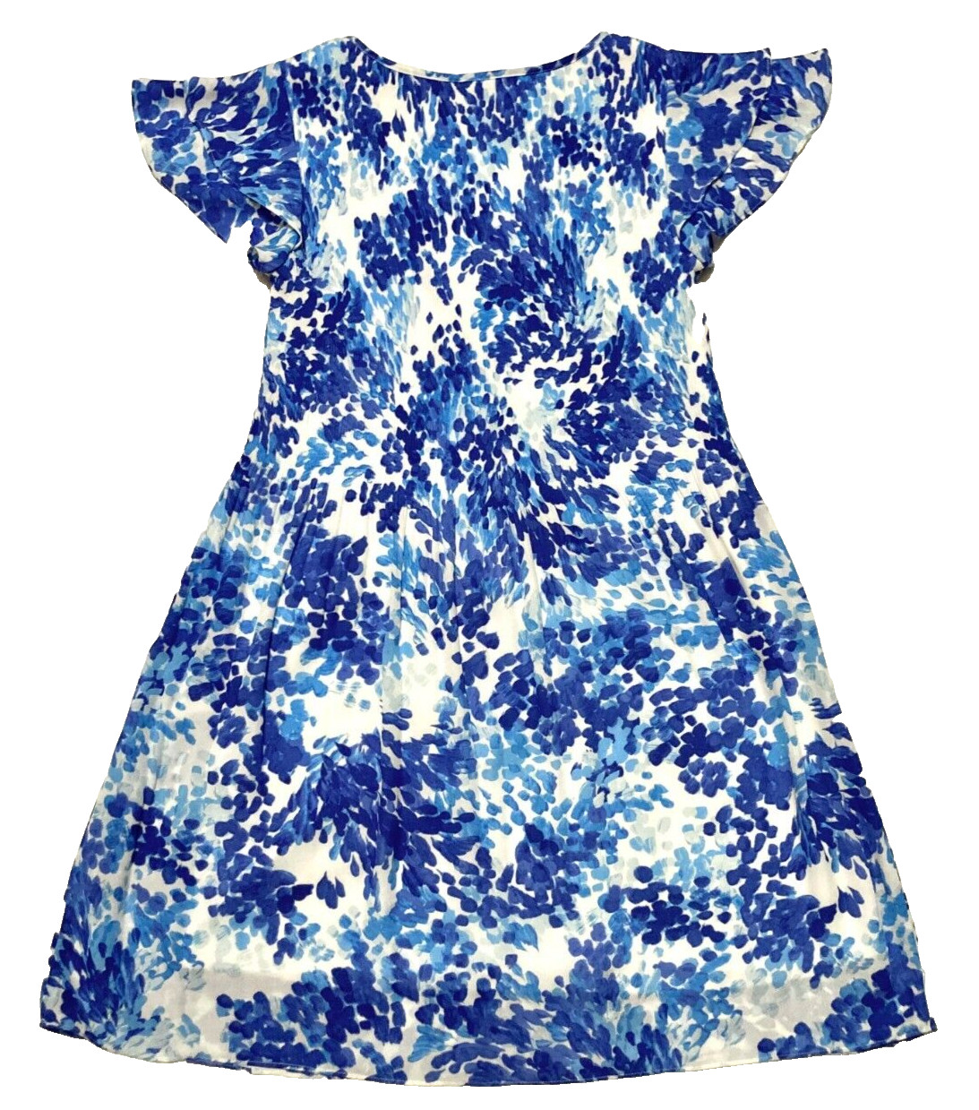 Chiffon Dress Flutter Sleeve A-Line Midi Blue White Smocked Top Flowy Airy Sz S