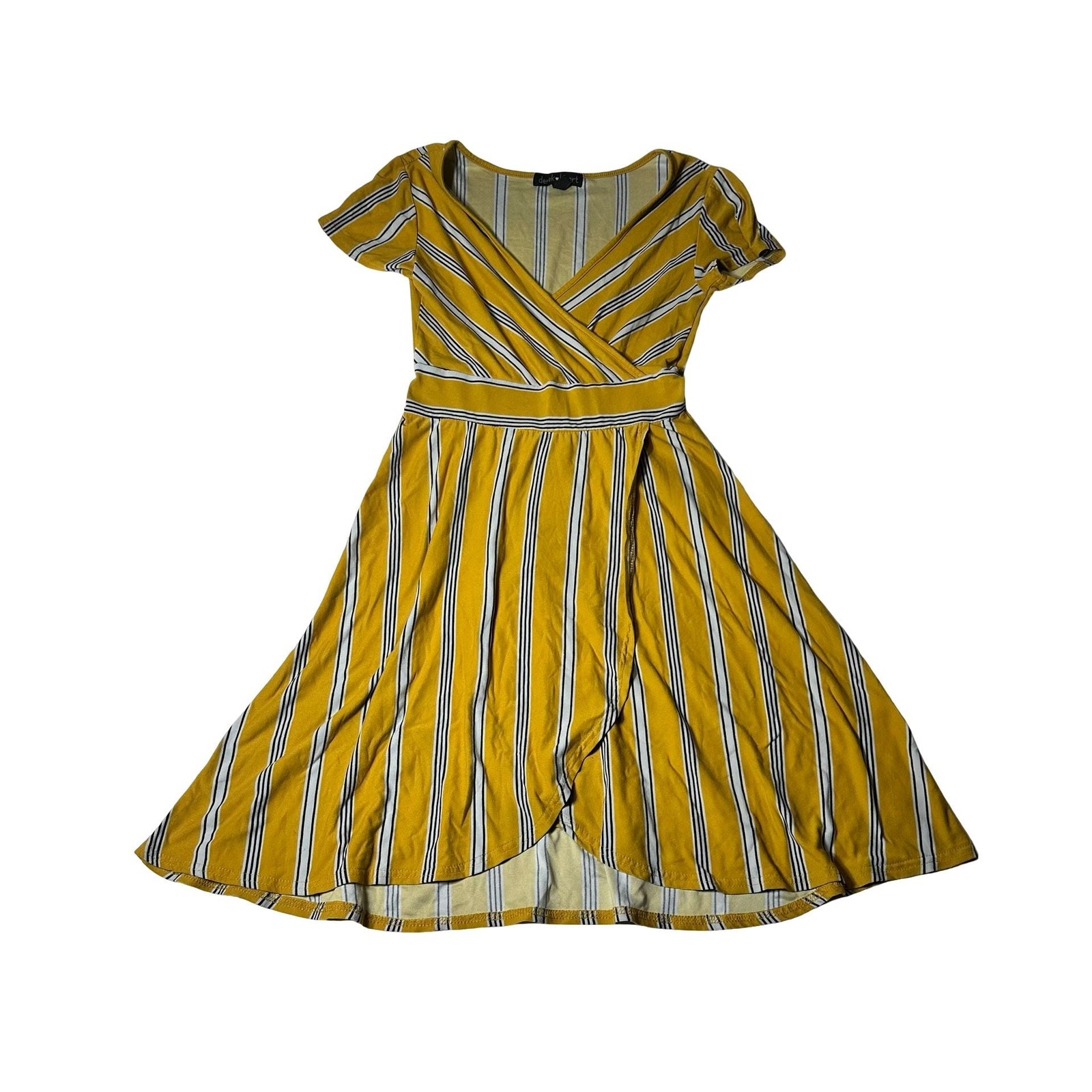 Derek Heart Mustard Yellow Blue Striped Short Sleeve Skater Dress S Fit & Flare