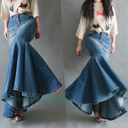 Women Fishtail Denim Maxi Retro Cake Skirts Custom Fit Ball Gown Long Dress HOT