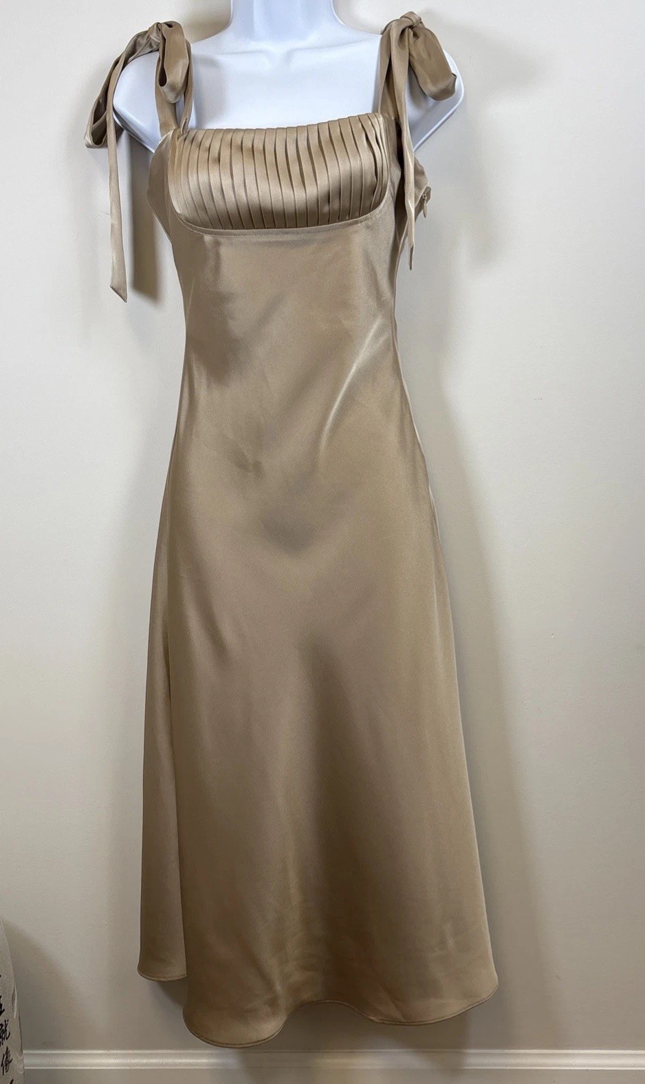 Lavish Slip Dress Satin Champagne Taupe Tie Strap Womens 4 Wedding Milkmaid