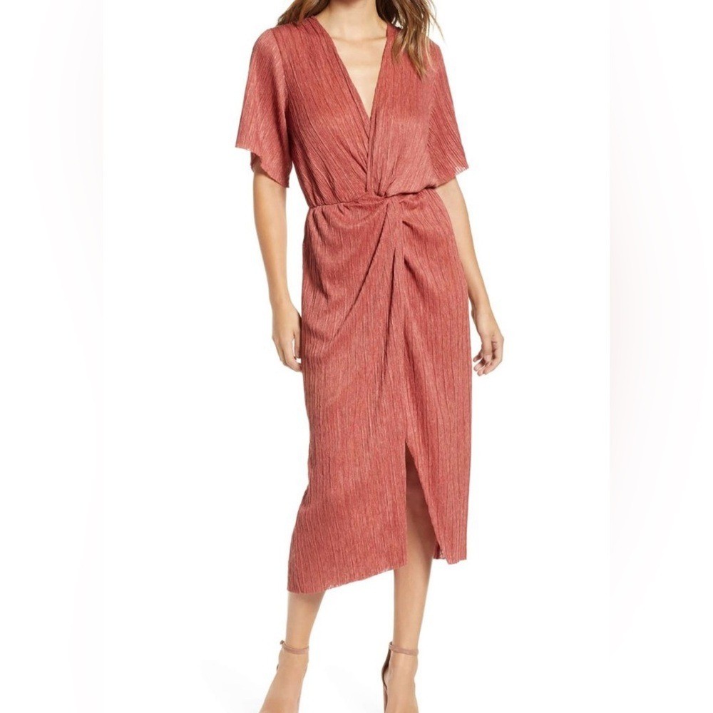 All in Favor Dolman Plisse Midi Dress Rust Terracotta Women M Twist Front