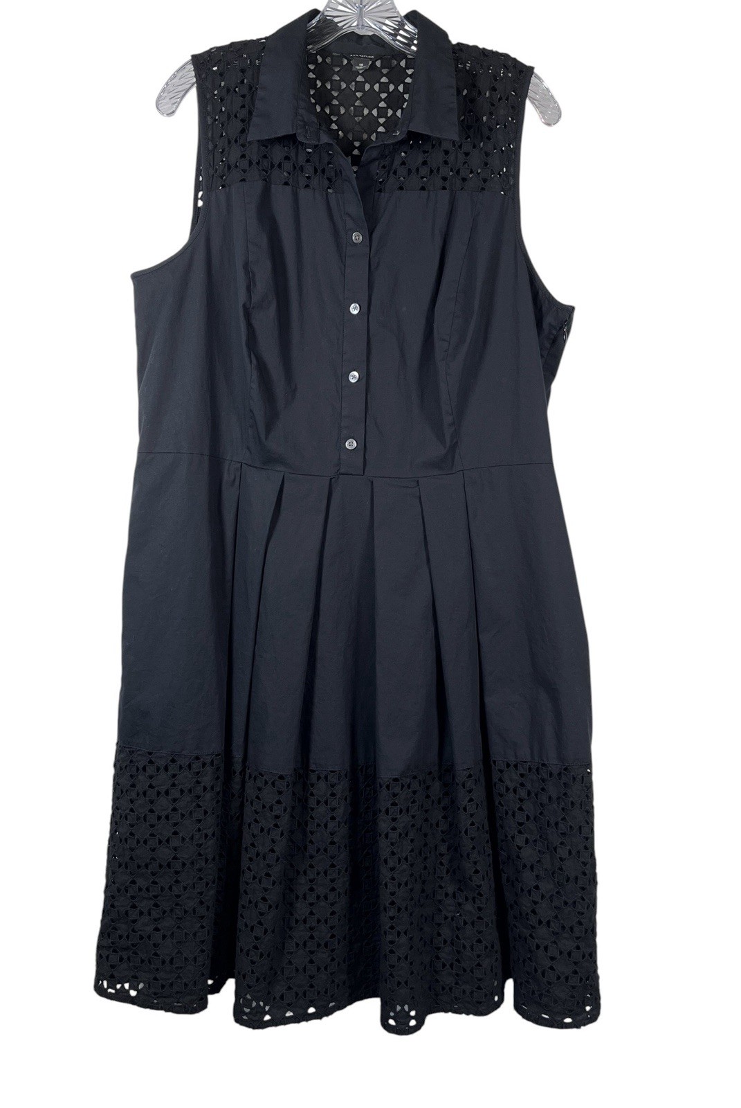 ANN TAYLOR Sz 18 Dress Black Eyelet Hem Cut Out Shirtdress Fit Flare Button Up