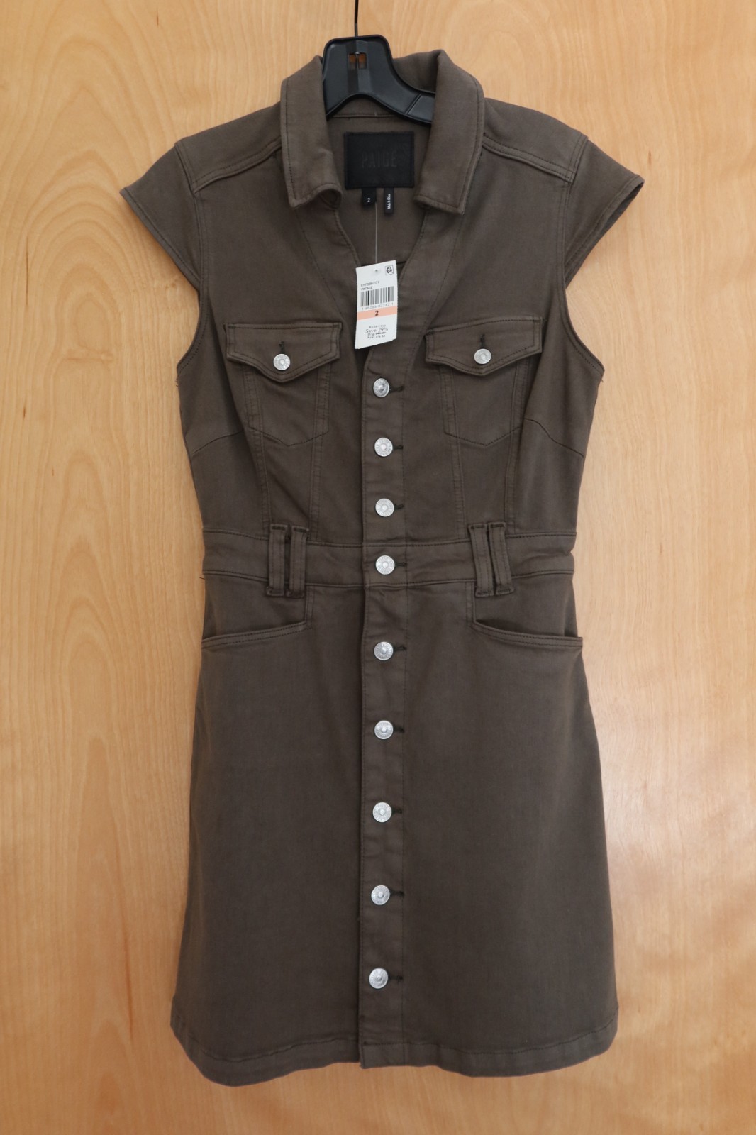 NWT! $249 Paige Jaxsyn denim mini shirt dress olive green & silver buttons sz 2