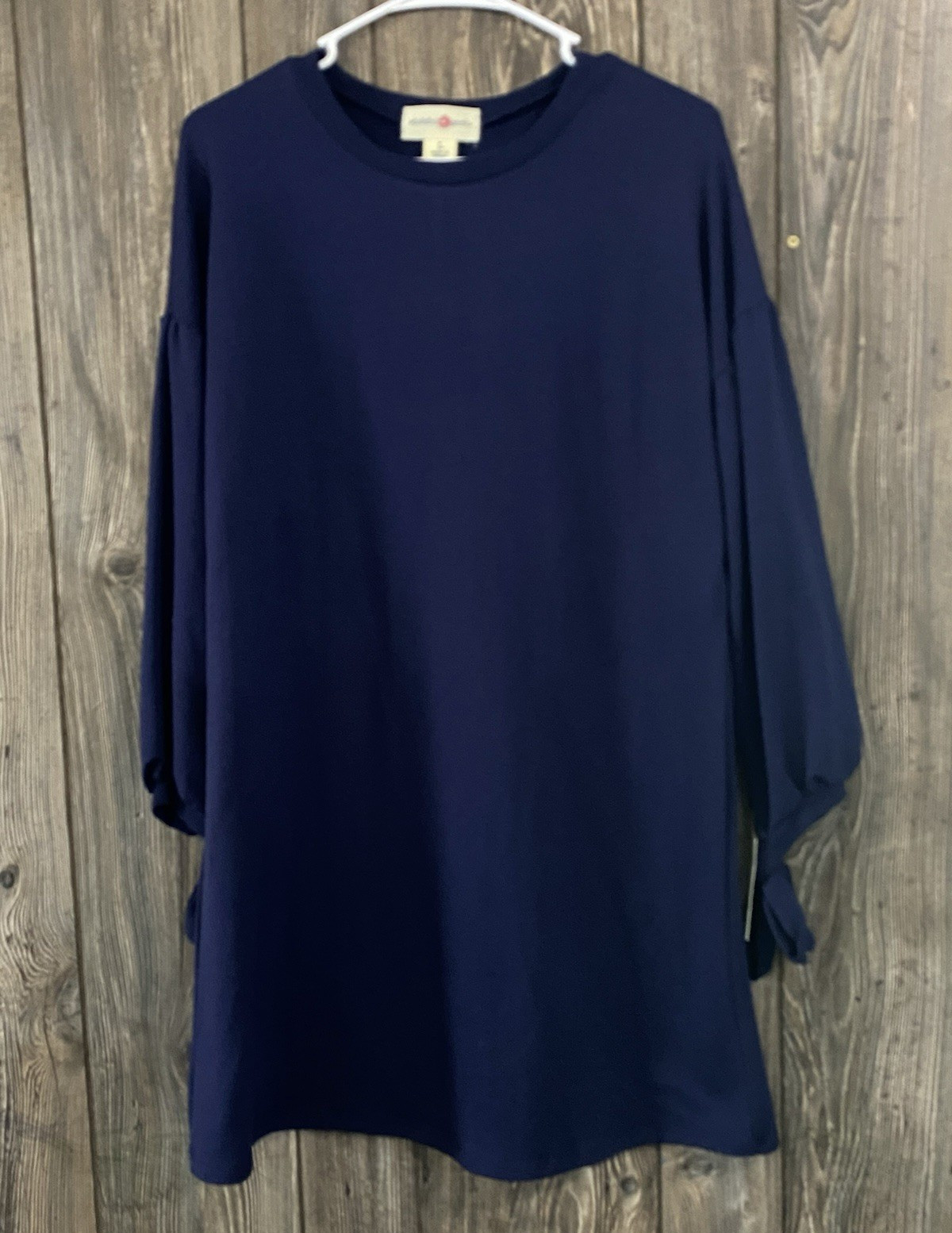 Wishful Park Navy Solid Shift Dress Round Neck Long Tie Sleeve Short L