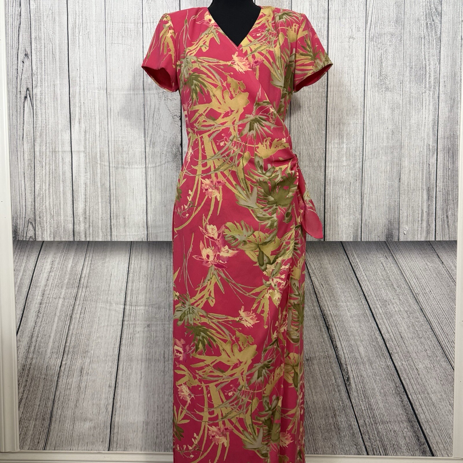 VTG David Warren Women’s Size 8 Pink Floral Faux Wrap Maxi Dress Tropical Resort