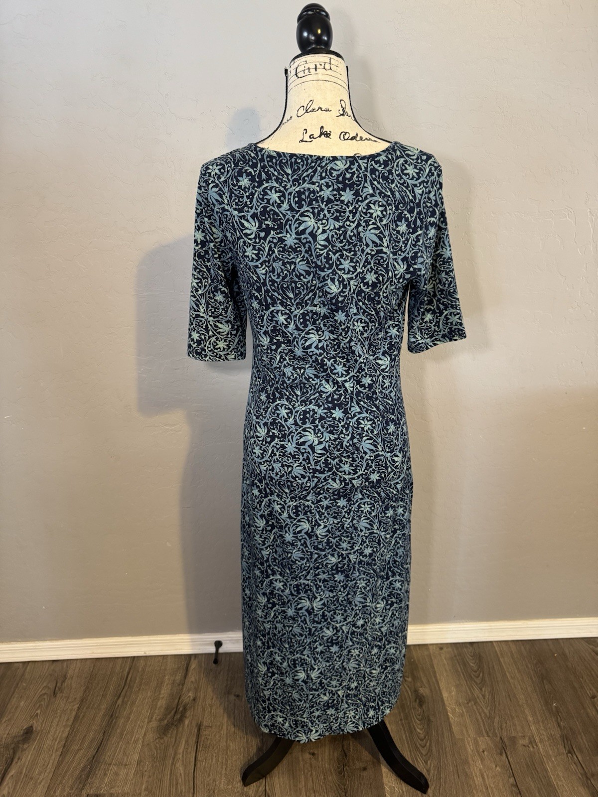 Peruvian Connection Blue Scroll Print Cotton Lycra Midi Dress Size M Stretch