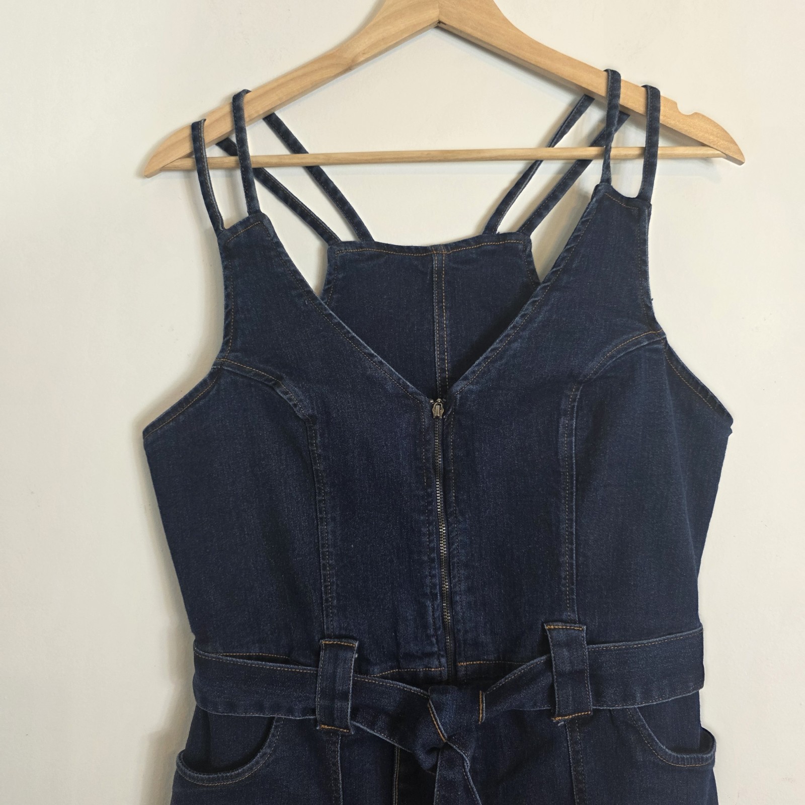 Venus Denim Zip Front Dark Wash Stretch Belted Western Fitted Dress SZ 10