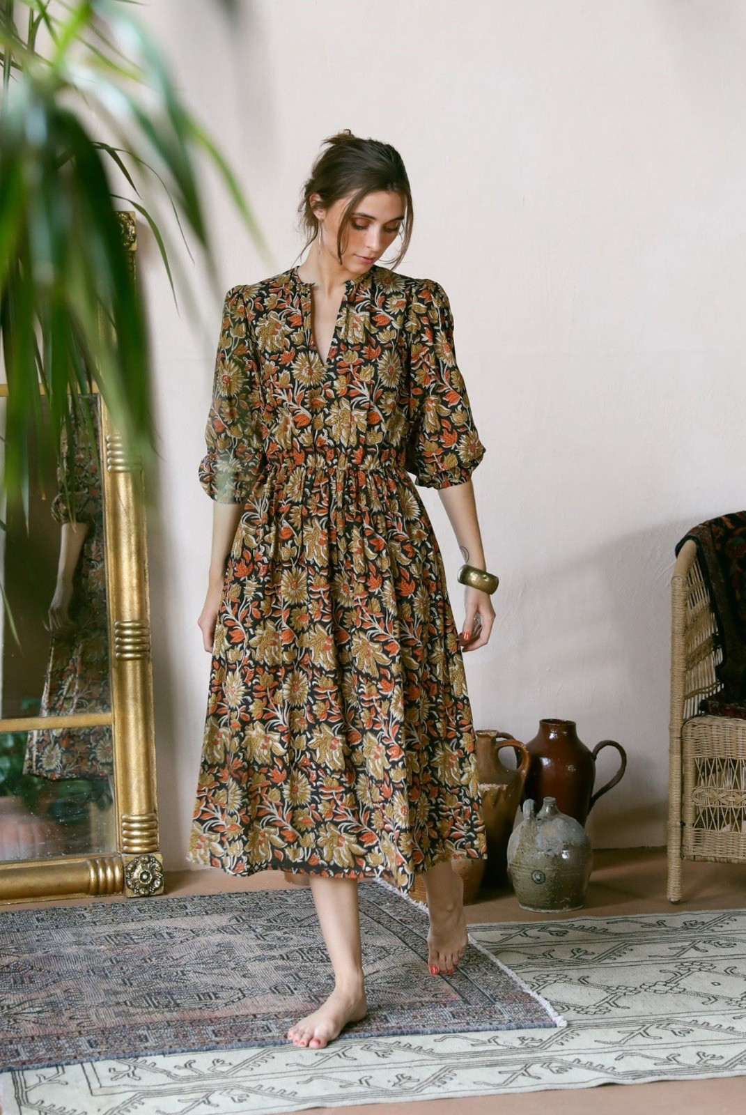 Mille Resort & Travel Celeste Sunset Floral Cotton Midi Dress Boho Cottagecore M